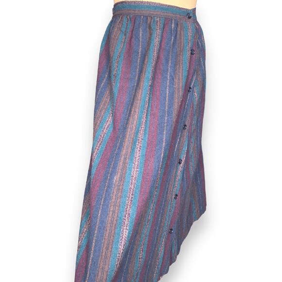 Vintage 70s Striped Blue Multicolor Midi Skirt Fashion Conspiracy Button Front - Picture 5 of 12